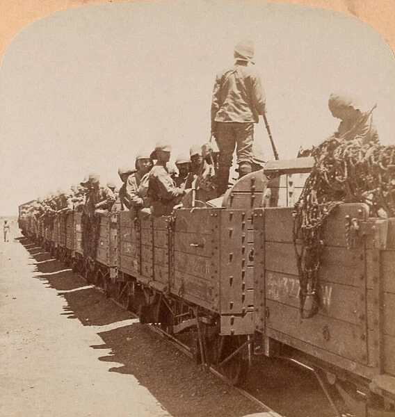 British soldiers aboard railway wagons, c. 1900 (photograph, stereoscopic)