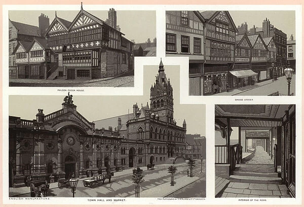 Chester: Falcon Cocoa House; Bridge Street; Town Hall and Market; Interior of the Rows (litho)