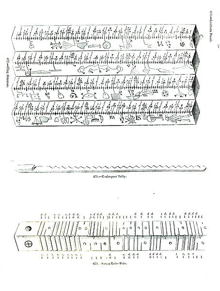 Clog Almanac, Exchequer Tally and Saxon Reive Pole (engraving) (b  /  w photo)