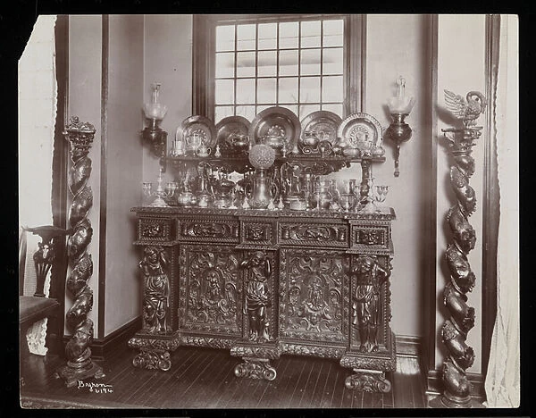 A cluttered sideboard at the Westmoreland Davis residence in Tuxedo Park, New York