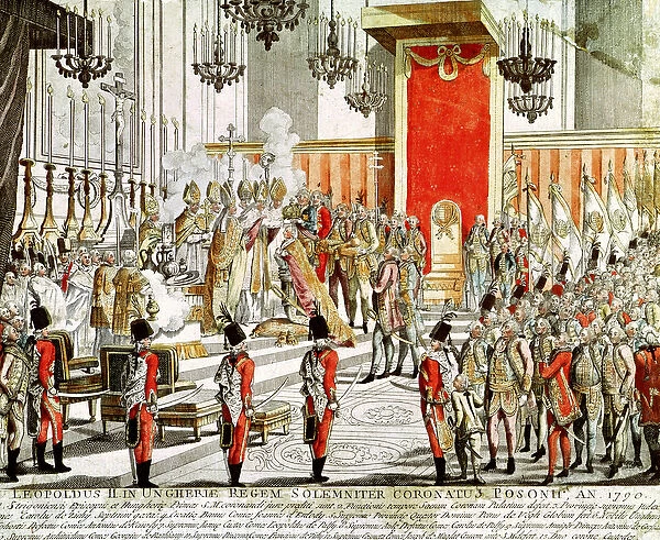 The Coronation of Leopold II (1747-92) at Bratislava in 1790 (coloured engraving)