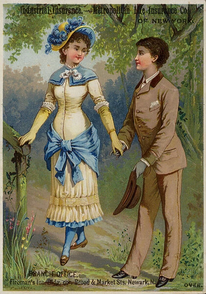 Couple strolling hand-in-hand (chromolitho)