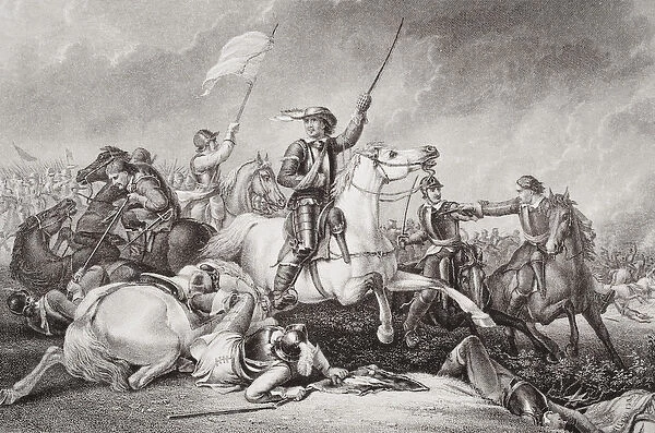 Cromwell leading a charge after being wounded in his right arm at the Battle of Marston Moor