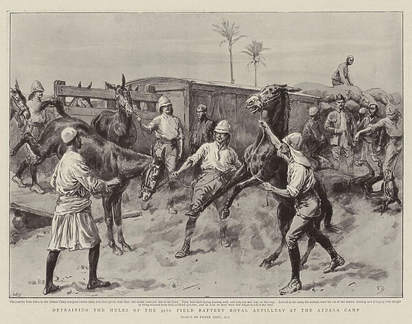 Detraining the Mules of the 32nd Field Battery Royal Artillery at the Atbara Camp (litho)