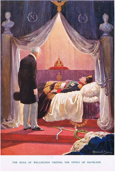 The Duke of Wellington visiting the effigy of Napoleon, illustration from Madame Tussauds (colour litho)