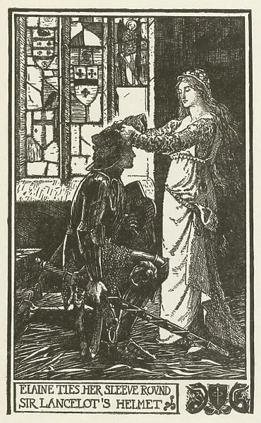 Elaine ties her sleeve round Sir Lancelots helmet (engraving)