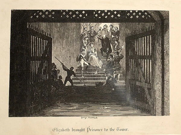 Elizabeth Brought Prisoner to the Tower, from The Tower of London, pub. 1840 (engraving)
