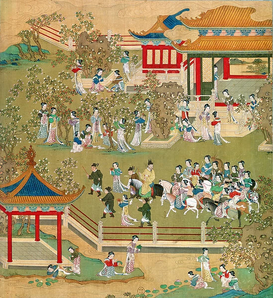 Emperor Yang Ti (581-618) strolling in his gardens with his wives