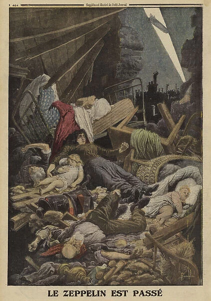 Family killed in a bombing raid by a German Zeppelin, World War I, 1916 (colour litho)