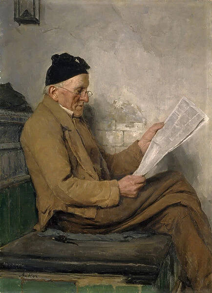 Farmer Reading on the Stove Bench (oil on canvas)