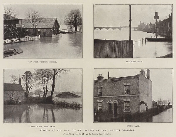 Floods in the Lea Valley, Scenes in the Clapton District (engraving)