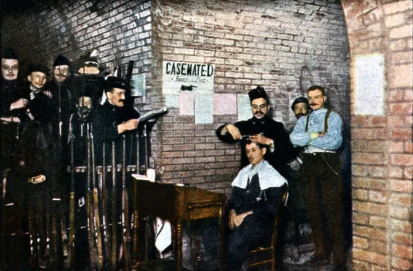 French soldiers and a barber in the casemates, Verdun, September 1916 (autochrome)