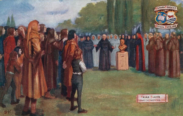 Friar Bacon displays the Brazen Head, 1270 (colour litho)