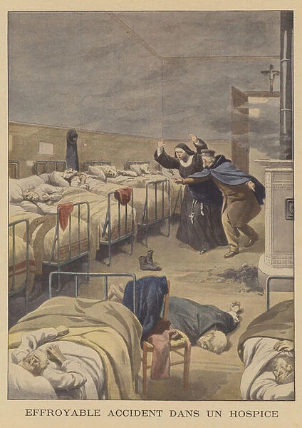 A frightful accident in a hospice (colour litho)