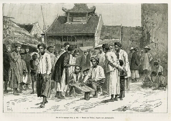 Game of the sapeque. Engraving by Tofani, to illustrate the story Trente mois au Tonkin