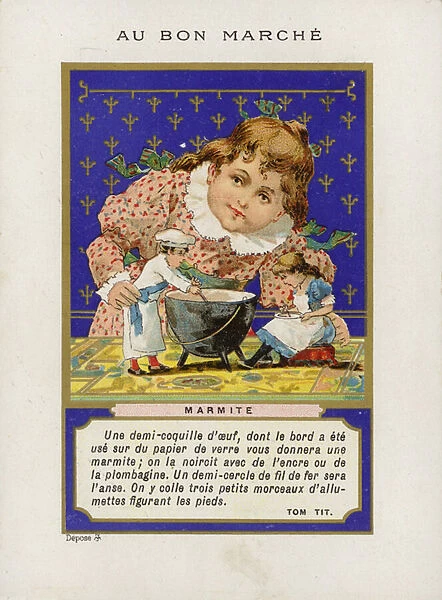 GIrl playing with dolls and mixing bowl, Marmite (chromolitho)
