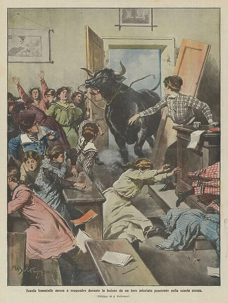 Girls school torn apart during class by an angry bull penetrated in the school itself (colour litho)