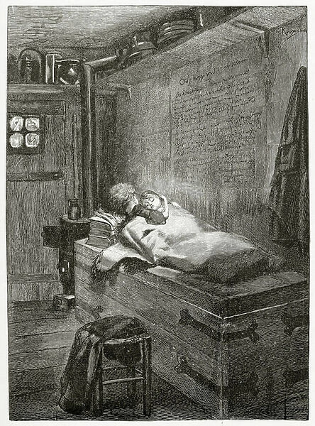 Gwynplaine and Dea sleeping on a chest - illustration from L Homme qui rit