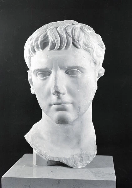 Head of Caesar Augustus (63 BC-14 AD) (stone) (b  /  w photo)