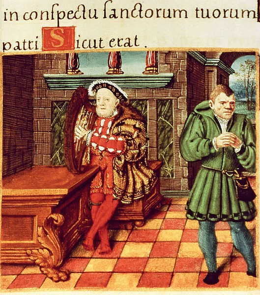 Henry VIII Playing a Harp with his Fool Wil Somers, from the Kings Psalter