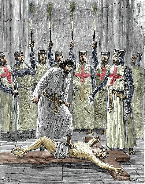 Heresie of the Templars: representation of a ceremony of entry of a knight into the order of the temple, the Templar being, according to the confessions published after their arrest and trial in 1307