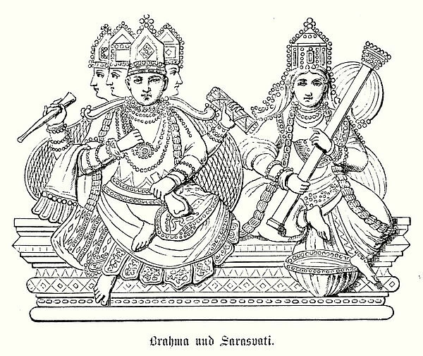 The Hindu god Brahma and his consort Saraswati (engraving)