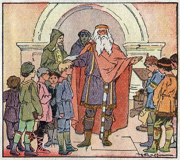 History of Gaul: King Charlemagne (742 - 814) opens a school where rich children and poor children will be taught by a monk. in 'Histoire de France learned by image and direct observation. Preparatory Course and First Year of Elementary Course