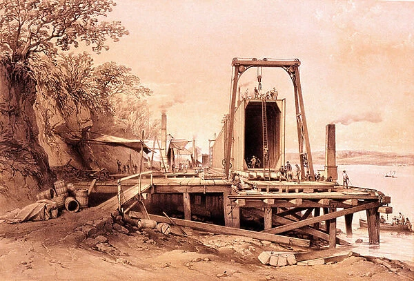 Industrial revolution: installation of a prefabricated bridge. Engraving from 'Britannia and Conway Tubular Bridges', 1860