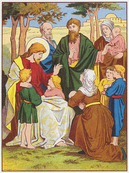 Jesus Christ blessing little children (colour litho)