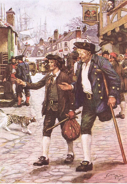 Jim and Long John Silver in Bristol, from Treasure Island published by MacDonald 1947 (colour litho)