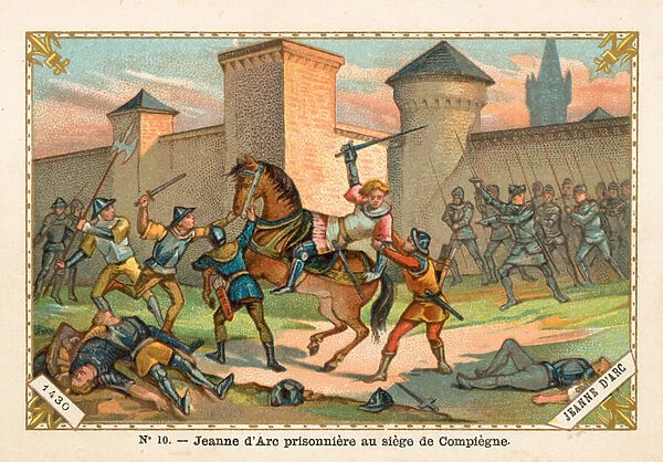 Joan of Arc taken prisoner at the Siege of Compiegne, 1430 (chromolitho)