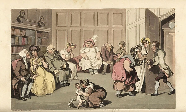 Johnny with other patients in quack doctor Anodynes waiting room. Handcoloured copperplate engraving by Thomas Rowlandson from William Combes The History of Johnny Quae Genus, the Little Foundling of the late Doctor Syntax