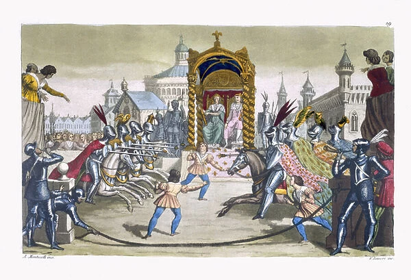 Knights jousting before a King and Queen (colour engraving)