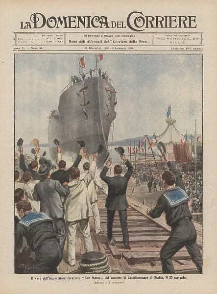 The launch of the armored cruiser San Marco of the Castellammare di Stabia shipyard, on 20 current (colour litho)
