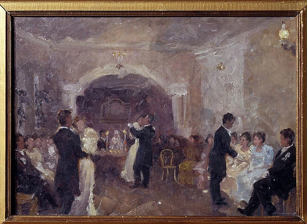 Le bal des marchands (The Merchant Ball). Des couples dansent, des jeunes filles vetues de blanc attendent, assises, une invitation a danser. Peinture de Ivan Semyonovich Kulikov (Koulikov) (1875-1941), huile sur toile, 1899