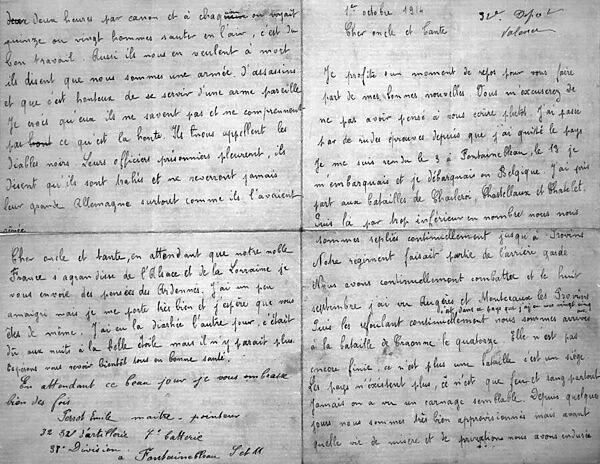 Letter Written by a French Soldier to his Family, 1st October 1914 (pen & ink on paper)