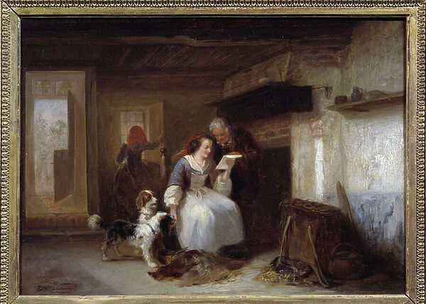 The letter. Young woman reading a letter in a peasant interior. Painting by Zacharie Natermann, 19th century Coll. Deal