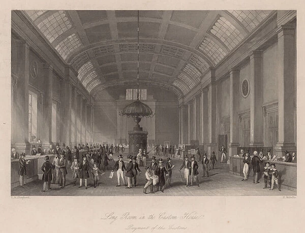 Long Room in the Custom House, London, for the paying of customs duty (engraving)