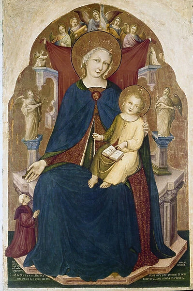 Madonna enthroned with Child and two devotees (tempera on panel, 14th-15th century)