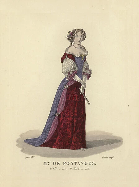 Marie Angelique de Scorailles, Duchess of Fontanges, mistress of King Louis XIV of France (coloured engraving)