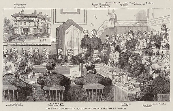 The Maybrick Poisoning Case, the Scene at the Coroners Inquest on the Death of the Late Mr Maybrick (engraving)