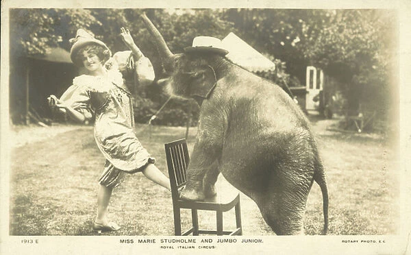 Miss Marie Studholme and Jumbo Junior, Royal Italian Circus (b  /  w photo)