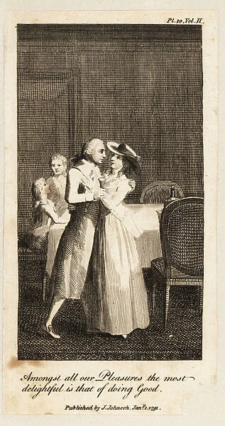 Mr and Mrs Jones embrace in a dining room, 18th century. 1791 (engraving)