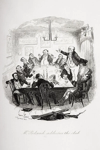Mr. Pickwick addresses the club, illustration from The Pickwick Papers