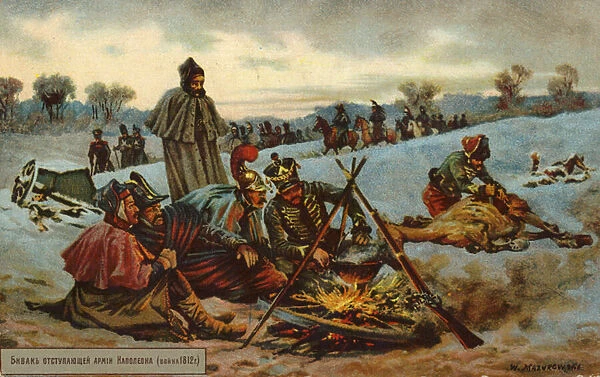 Napoleons retreat from Moscow (colour litho)