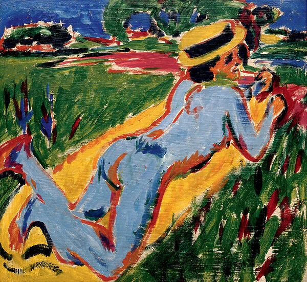 Nu bleu couche au chapeau de paille. Oeuvre de Ernst Ludwig Kirchner (1880-1938), huile sur carton, 1909. Art allemand, 20e siecle, expressionnisme. Collection privee