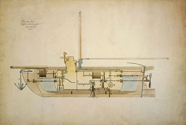Original drawing of the Nautilus, the first underwater boat (submarine)