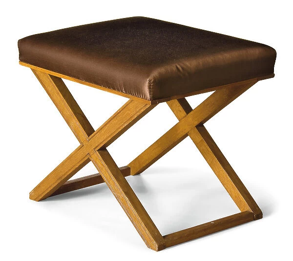 One of a pair of stools en x, c. 1935 (oak & silk)