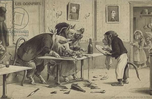 Pigs eating in a restaurant (litho)