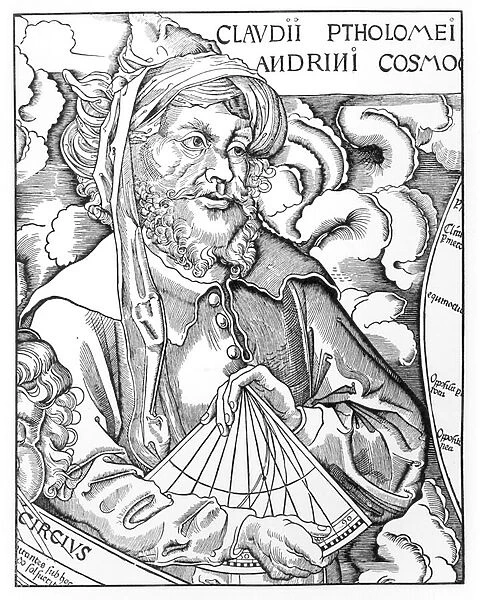 Ptolemy (Claudius Ptolemaeus) (c. 90-168) holding a sextant (engraving) (b  /  w photo)